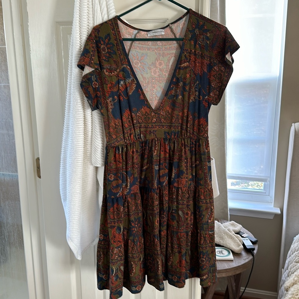 Boho Floral V-Neck Short Sleeve Dress in Navy and Rust